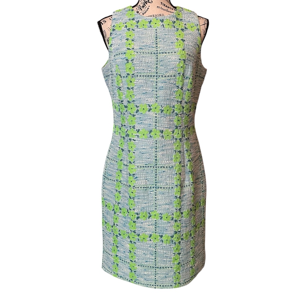 Sara Campbell Pastel Floral Tweed Sheath Dress 8 Bright Blue Green Spring Chic